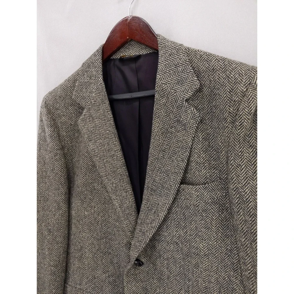Vintage Herringbone Blazer‎ Mens Size L Gray Brown Wool Tweed Sport Coat - Picture 2 of 11